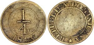 Historical Dominican coins representing the country's first national coinage issued after independence in 1844