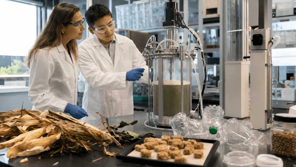 Researchers examine a bioreactor in a laboratory using agricultural waste and plastic samples for experimental food production