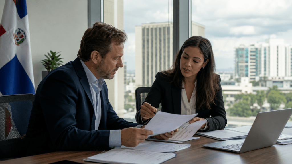 Foreign investor reviewing business registration and tax documents with a legal professional in Santo Domingo