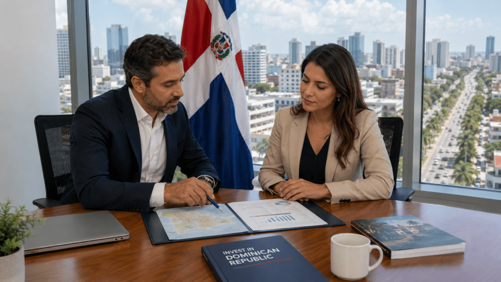 Foreign investors reviewing business documents in a modern office