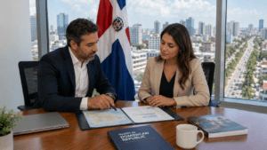Foreign investors reviewing business documents in a modern office