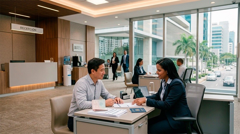 Foreign resident meeting with a Dominican bank representative to open a bank account