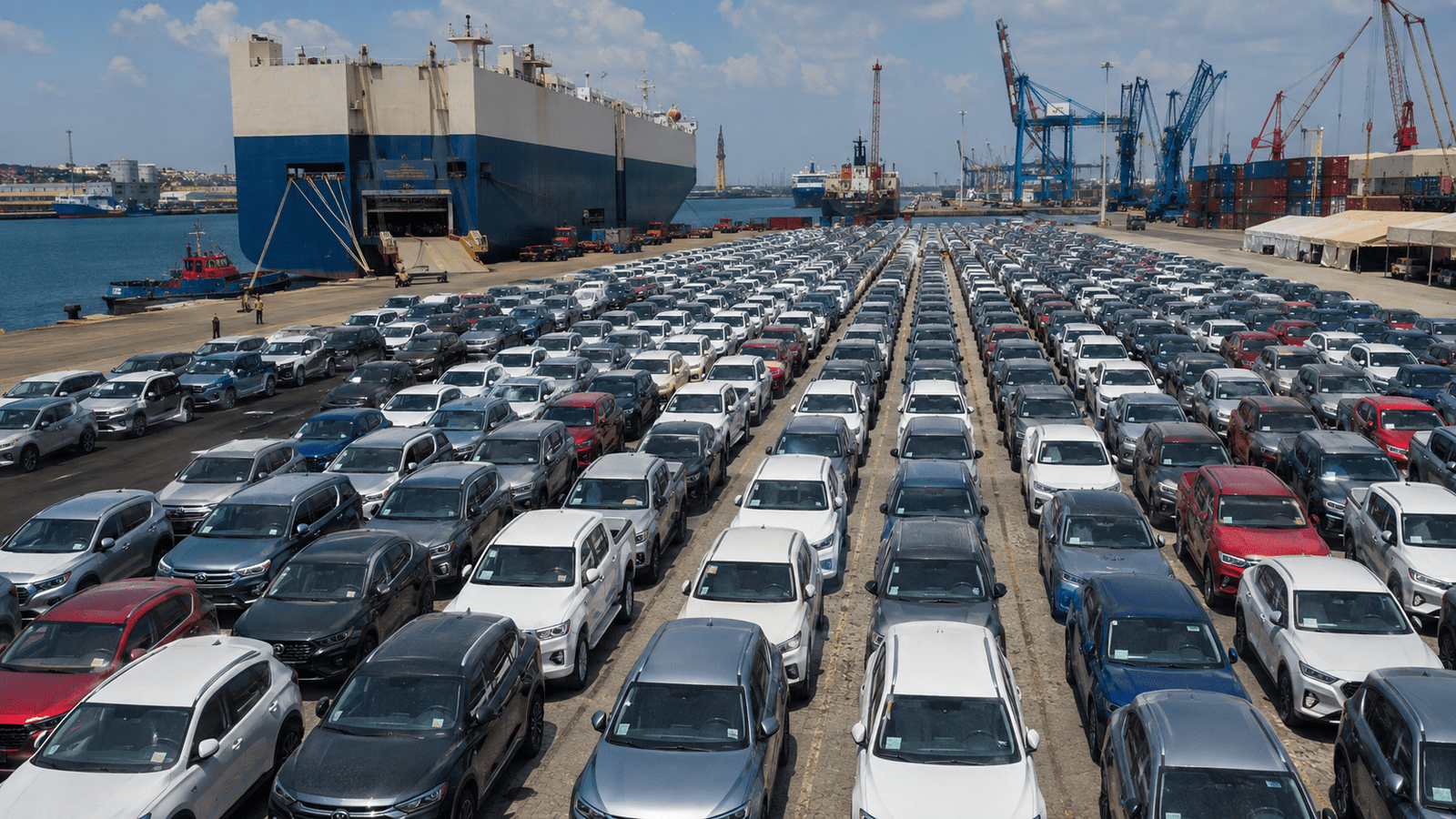 Imported vehicles awaiting distribution at a Dominican port