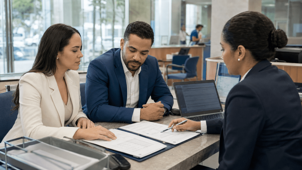 Dominican business professionals reviewing an international payment at a commercial bank