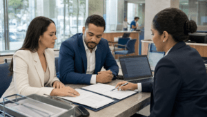 Dominican business professionals reviewing an international payment at a commercial bank