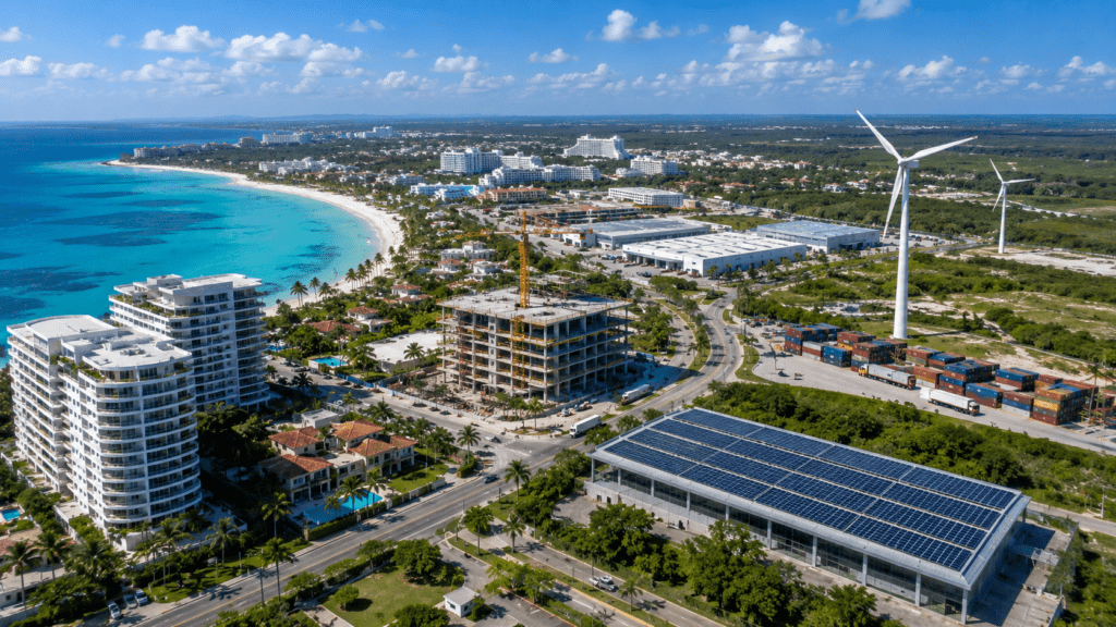 Aerial view of a Dominican Republic coastal development showing hotels, real estate construction, renewable energy, industrial facilities and logistics infrastructure