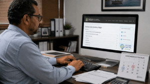 Dominican entrepreneur reviewing ITBIS tax records and business invoices