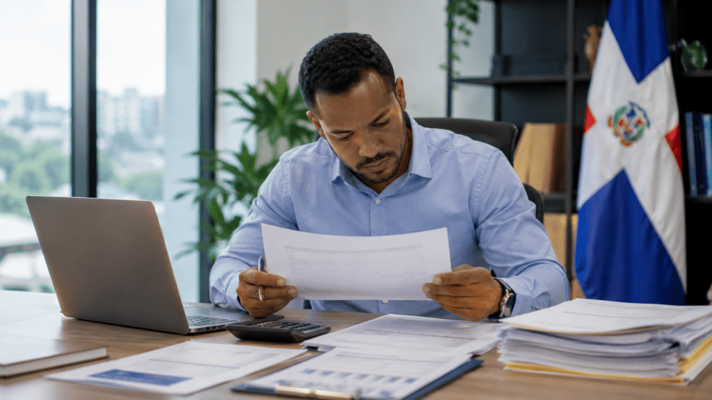 Dominican tax professional reviewing ITBIS documents in an office in Santo Domingo