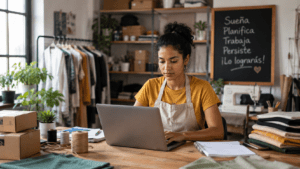 Joven emprendedora trabaja en su pequeño negocio mientras gestiona pedidos y productos