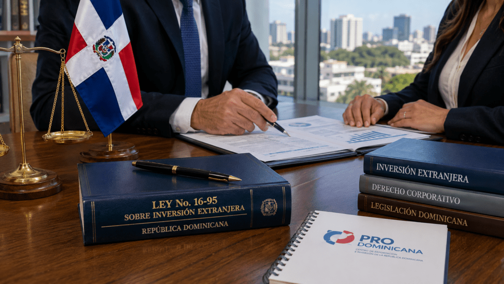 Business professionals reviewing foreign investment documents in the Dominican Republic with Law No. 16-95