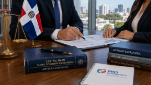 Business professionals reviewing foreign investment documents in the Dominican Republic with Law No. 16-95