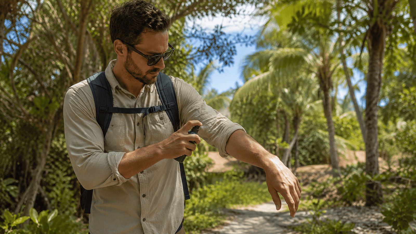 Traveler applying insect repellent outdoors in the Dominican Republic