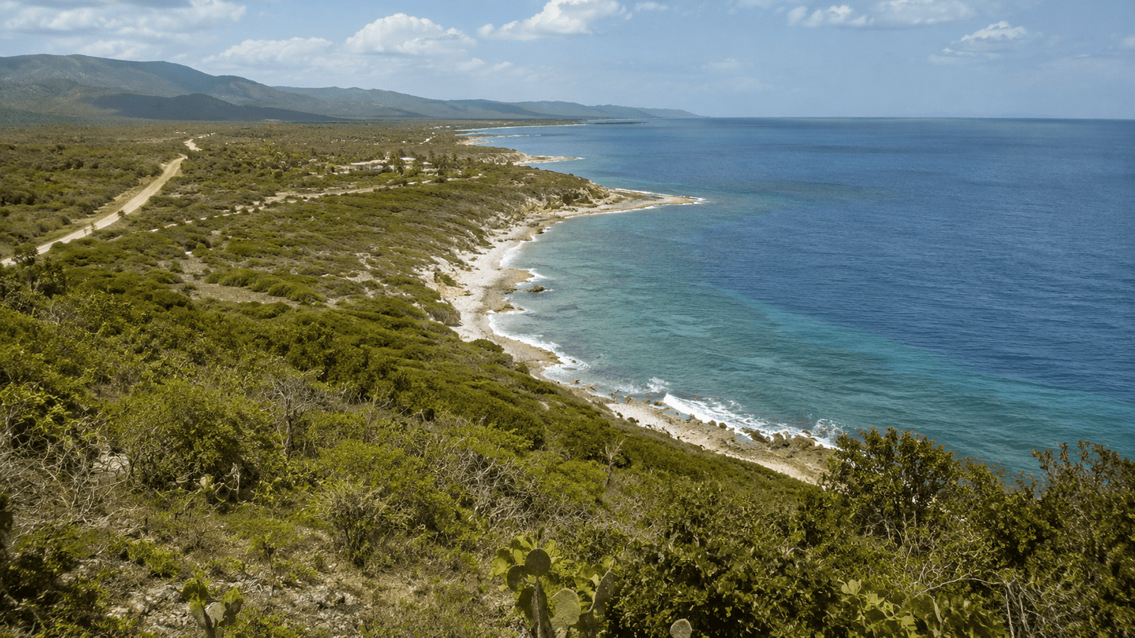 Protected coastal landscape in Pedernales, Dominican Republic, with undeveloped shoreline and surrounding natural vegetation