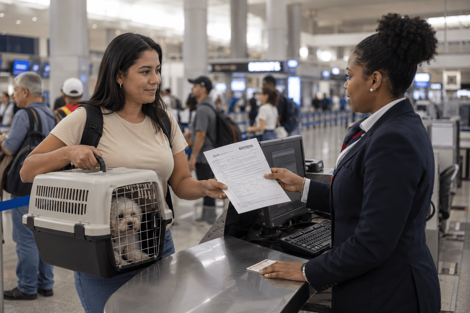 Traveler presenting pet health documents and carrier at an airport check-in counter