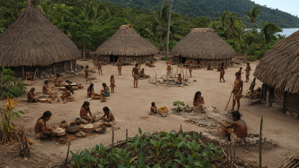 Reconstruction of a Taíno village on Hispaniola before European contact.