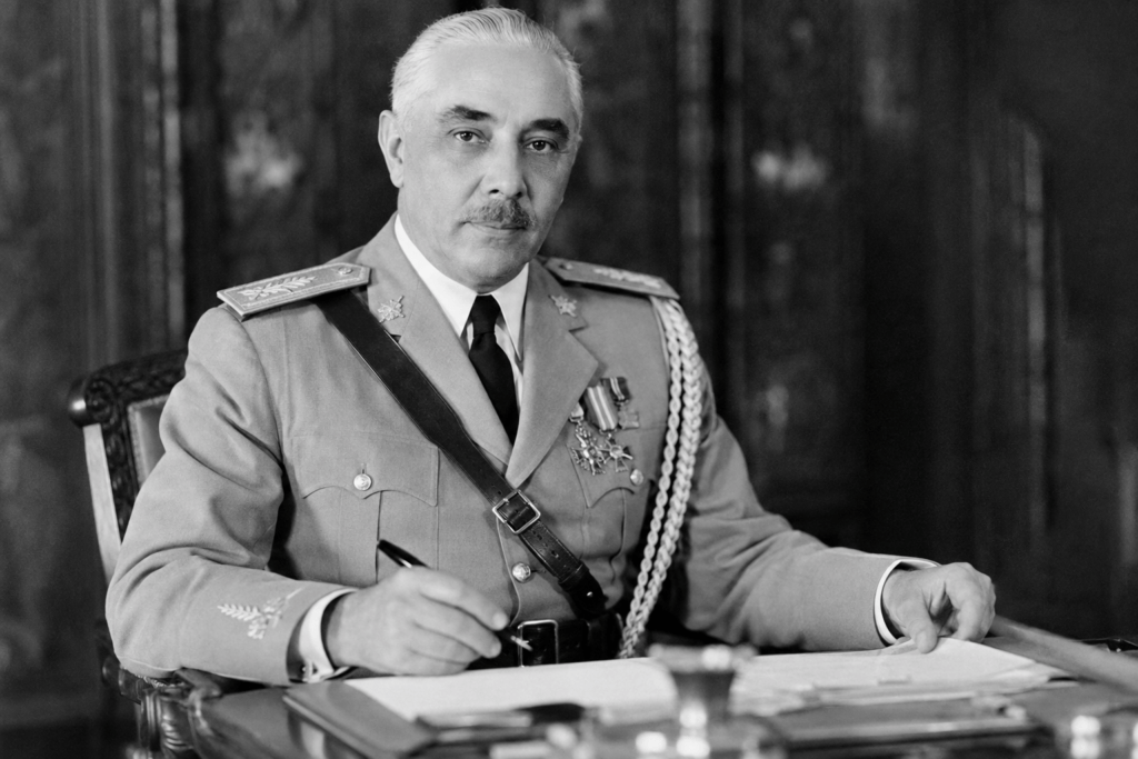 Historical black-and-white portrait of Dominican dictator Rafael Leónidas Trujillo in military uniform
