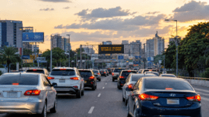 Traffic on a busy urban road in the Dominican Republic, illustrating the difference between registered vehicles and cars actively on the road