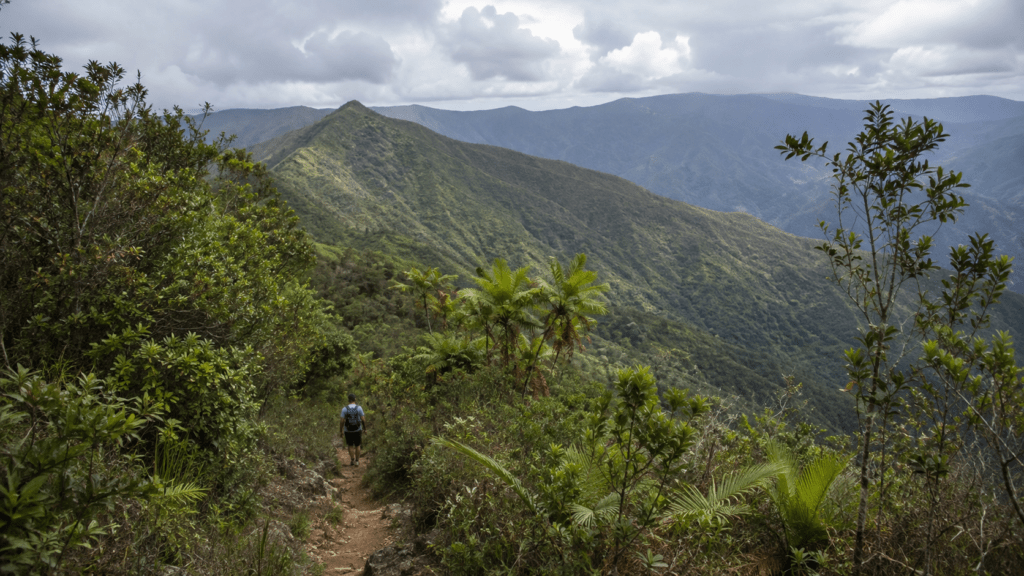 Remote protected mountain landscape in the Dominican Republic with a lone hiker on a forest trail