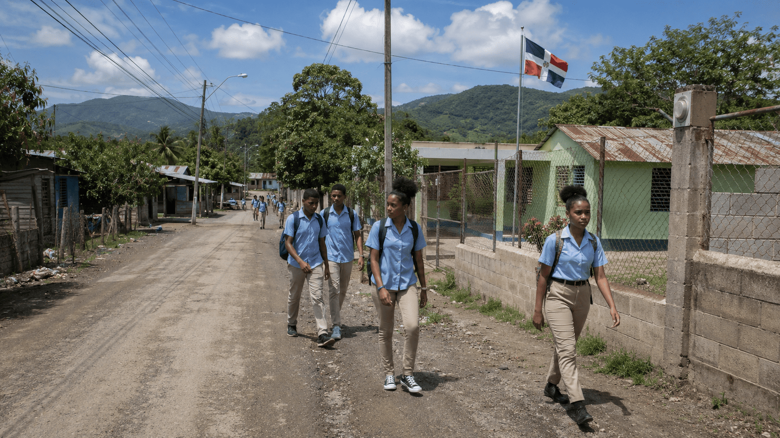 Students walking through a rural community in the Dominican Republic near a local school