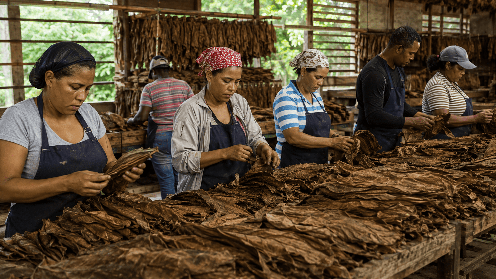 Tobacco workers processing and preparing tobacco in Santiago, Dominican Republic