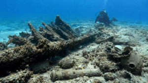 Underwater archaeological remains of a historic shipwreck in the Caribbean waters off the Dominican Republic