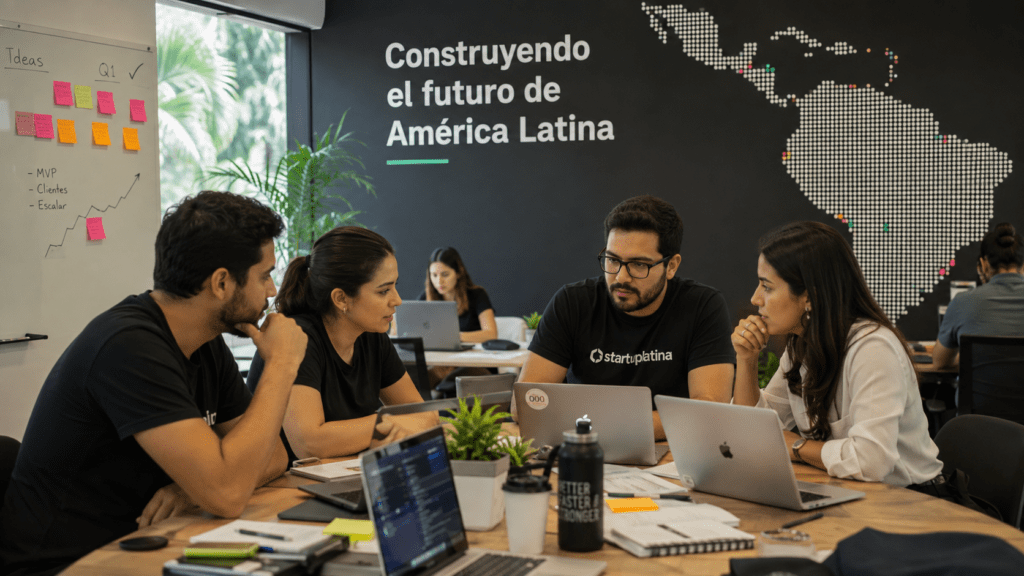 Startup ecosystem in Latin America and the Caribbean with entrepreneurs collaborating in a modern workspace
