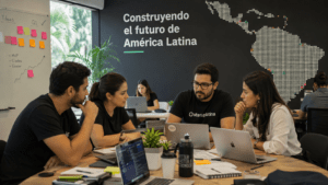 Startup ecosystem in Latin America and the Caribbean with entrepreneurs collaborating in a modern workspace