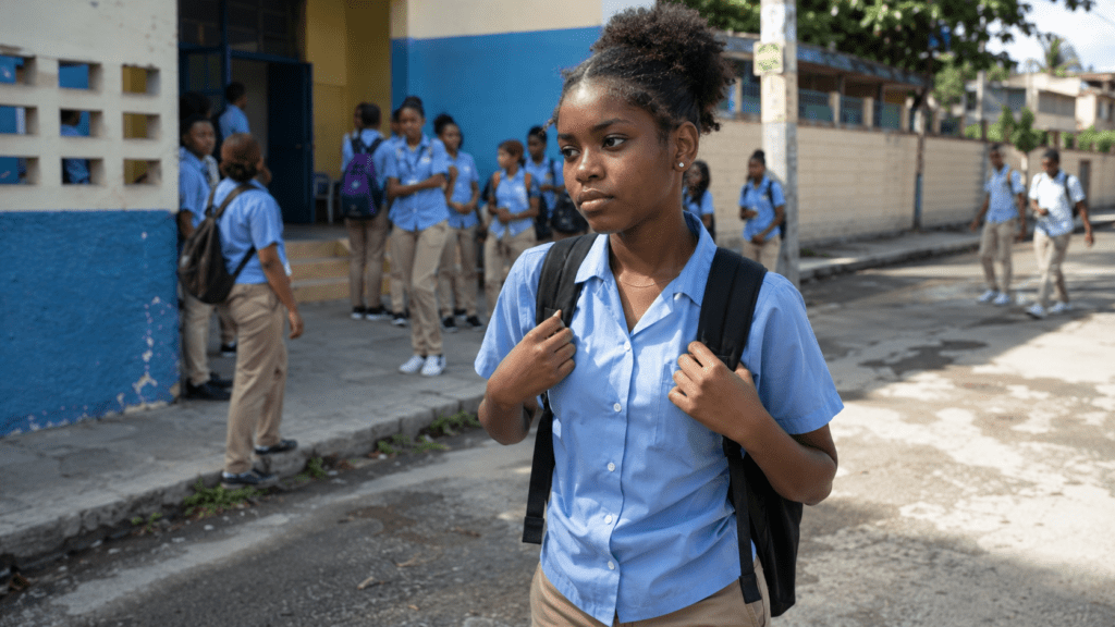 Dominican teenage girl walking outside a public secondary school in the Dominican Republic