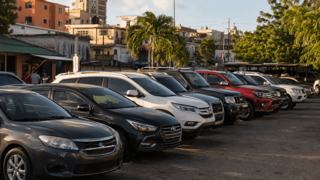 Tesla vehicles displayed by an independent Dominican importer, illustrating availability without an official Tesla service network