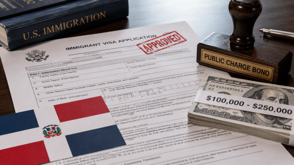 U.S. immigrant visa documents, Dominican Republic flag and financial guarantee representing the new public charge bond pilot program