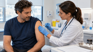 Adult patient receiving a routine vaccination in a primary-care clinic