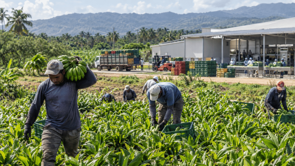 Workers harvesting crops on a Dominican Republic farm with produce crates, transport trucks and a food-processing facility in the background