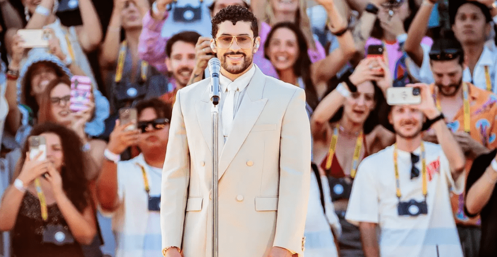 Bad Bunny performing during the Super Bowl LX halftime show