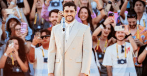 Bad Bunny performing during the Super Bowl LX halftime show