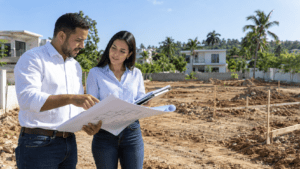Dominican architect and homeowner reviewing architectural plans at a future residential construction site in the Dominican Republic