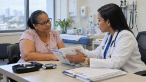 Dominican diabetes patient consulting with a health professional at an outpatient care center in Santo Domingo, Dominican Republic