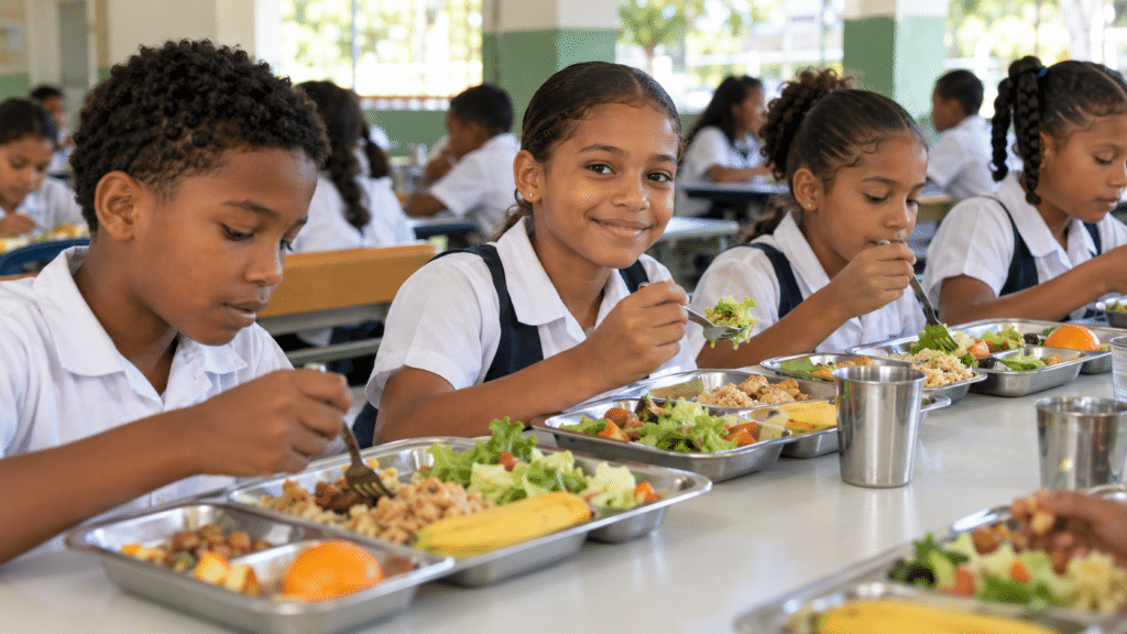 Dominican children eating a healthy meal at a school dining table
