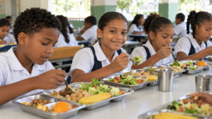 Dominican children eating a healthy meal at a school dining table