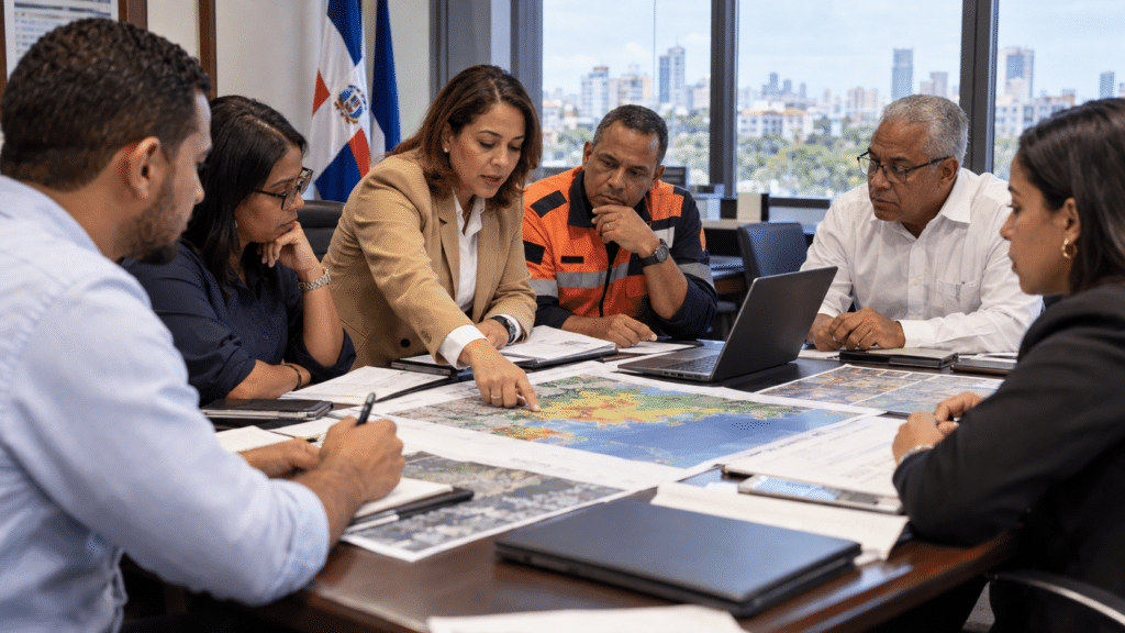 Dominican disaster-risk management officials and climate-policy professionals review climate-risk maps and hazard information during a meeting in Santo Domingo