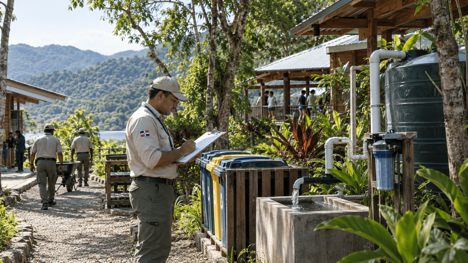 Environmental management activities at a Dominican ecotourism operation surrounded by tropical nature.