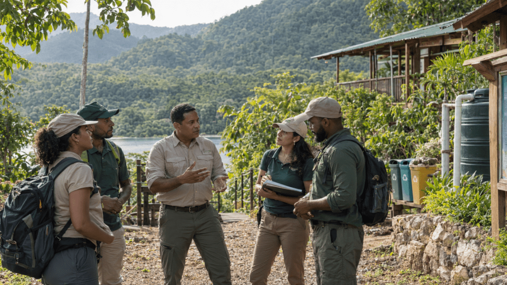 Dominican ecotourism managers and employees discussing environmental innovation at a nature-based tourism site.