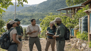Dominican ecotourism managers and employees discussing environmental innovation at a nature-based tourism site.