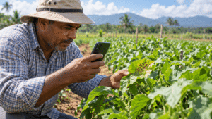 Dominican farmer using a smartphone to detect crop disease