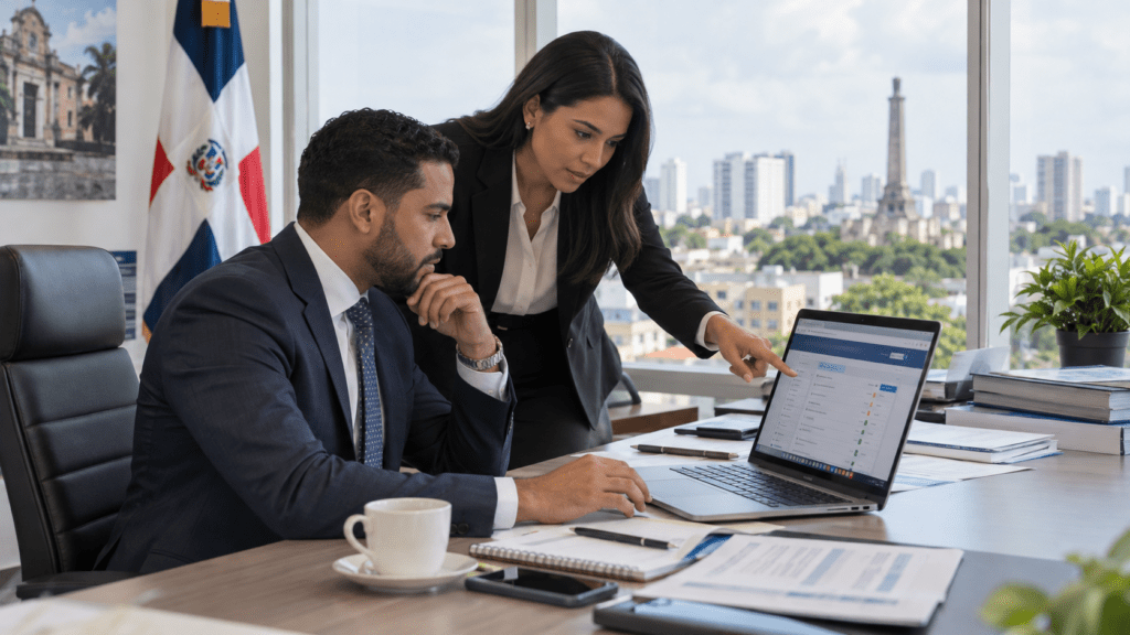 Dominican professionals reviewing public procurement opportunities