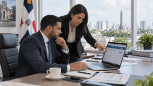 Dominican professionals reviewing public procurement opportunities