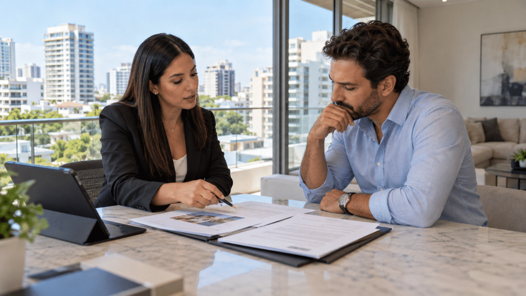 Dominican real estate agent reviewing property documents with a buyer in a modern Santo Domingo apartment