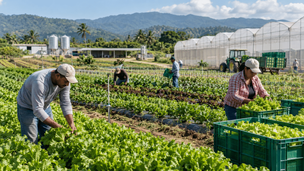 Modern Dominican agricultural operation with farm workers harvesting crops, greenhouses and irrigation infrastructure
