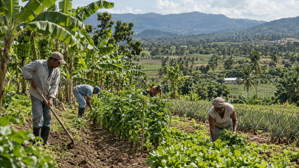 Farmers tending diverse crops on a Dominican Republic agricultural farm with plantains and tropical countryside