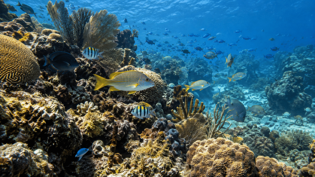Diverse Caribbean coral reef ecosystem with tropical fish in the Dominican Republic