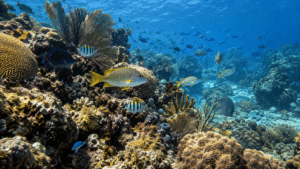 Diverse Caribbean coral reef ecosystem with tropical fish in the Dominican Republic